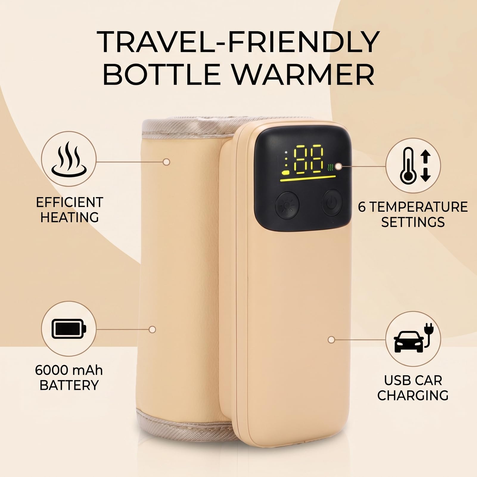 Bewinner Calentador de Biberones Portátil de Calentamiento Rápido, Calentador de Leche para Bebés USB para Coche de Viaje, de Biberones Recargable de 6000 MAh con 6 Ajustes de Temperatura, de con