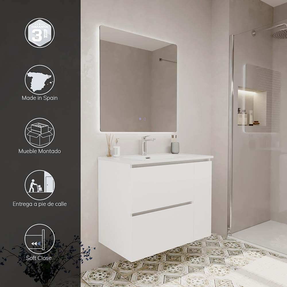 Baikal Mueble de Baño BRUMA. Mueble MONTADO. 80cm Blanco 2 Cajones + Puerta Suspendido con Lavabo Empotrado. Armario de Baño.