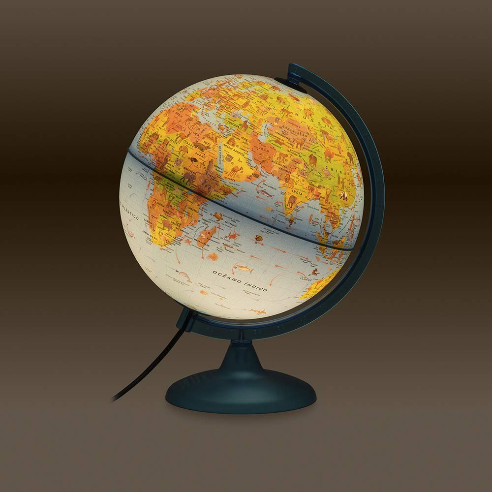 Tecnodidattica - Globo Terráqueo Safari para Niños y Adolescentes | Iluminado y giratorio | Cartografía ilustrada y folleto con Información | Meridiano graduado | Texto en Español | Diámetro 25 cm