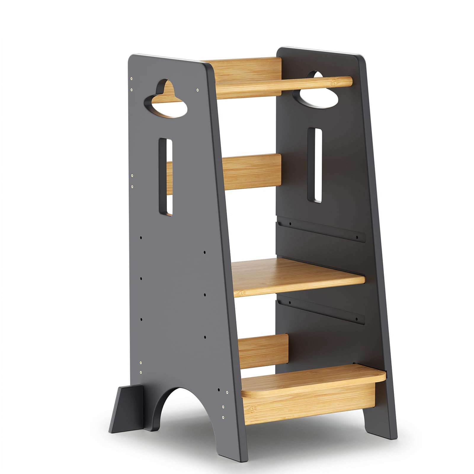 COSYLAND Lernturm ab 1 Jahr - Höhenverstellbarer Learning Tower für Kinder (3-stufig) - Montessori Lernturm mit Kippschutz & Massivholz (Dunkelgrau und Holz)