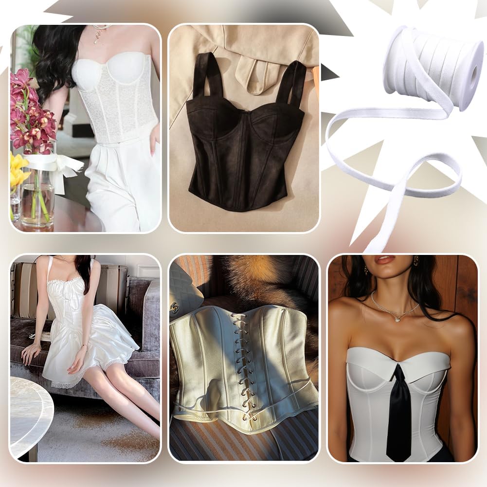 CRASPIRE 10 Yards Corset Boning Casing 3/8 Inch White Underwire Replacement Bra Cover Band Ribbon Plush Back Casing Hollow Elastic Channeling Tape for Sewing Accessories DIY Wedding Handmade Clothing image 5