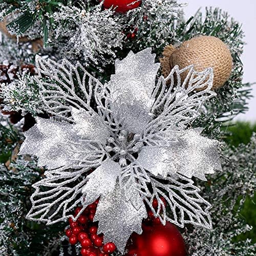 Yueshop 10 PCS Christmas Flowers Large (15CM) Poinsettia Glitter Flower Christmas Tree Hanging Party Xmas Decor(Champagne)