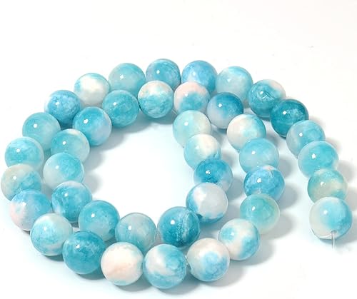 Miniatura 6 de 45 cuentas sueltas de jade persa azul blanco de 0.315 pulgadas para la fabricación de joyas, cuentas semipreciosas naturales redondas y lisas de