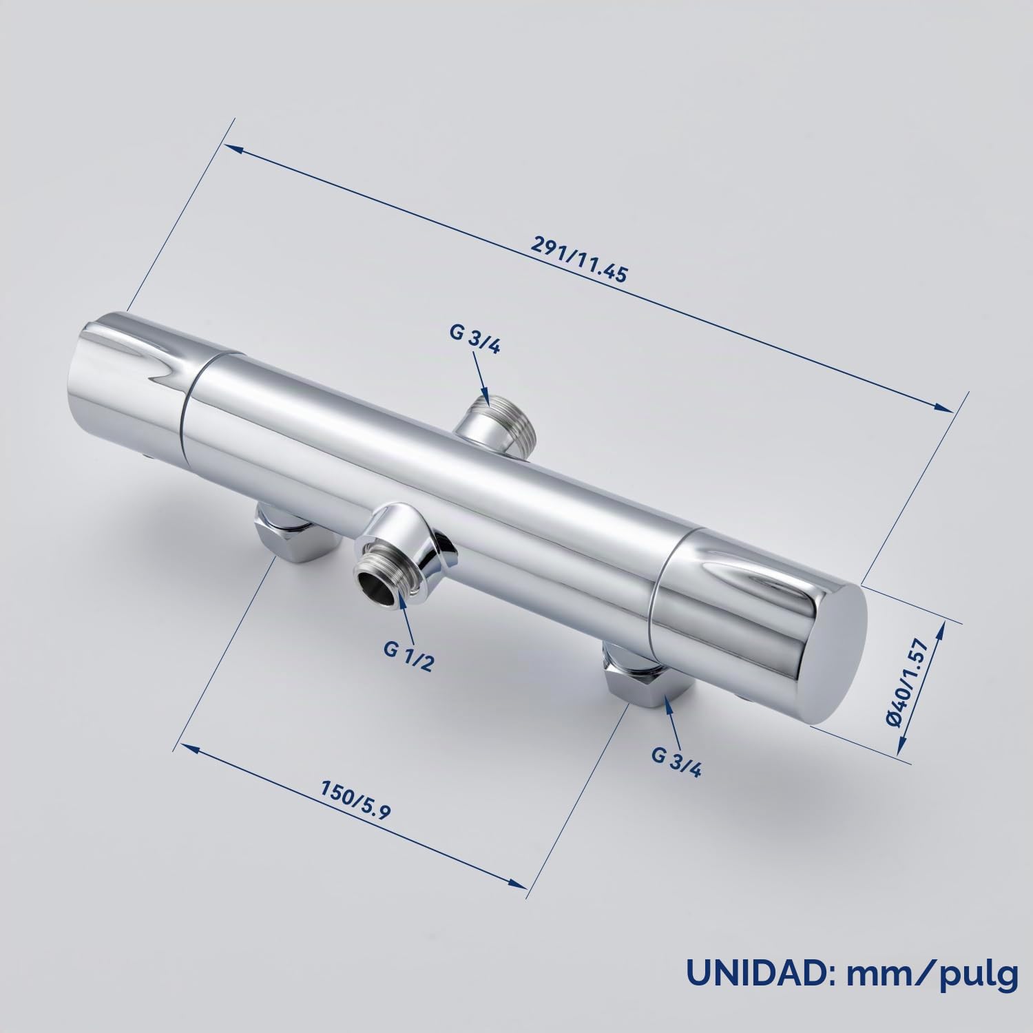 Mezclador Termostático de Ducha con 2 Salidas, Mezclador de Ducha y Grifo de Baño, Salida Superior 3/4" BSP (26.4mm) y Salida Inferior 1/2" BSP (21mm), Redondo Cromado
