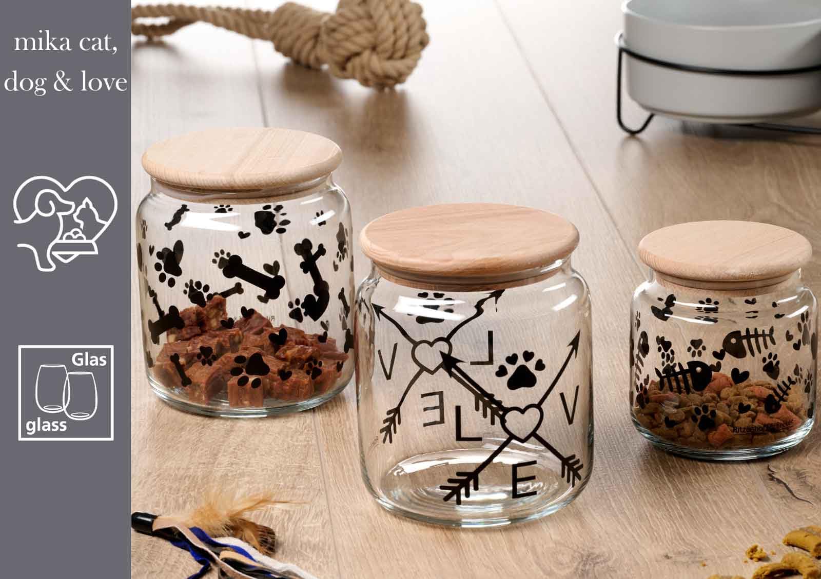 Ritzenhoff & Breker Mika Cat Leckerli-Dosen mit Deckel ø 10 cm 2er Set | Vorratsgläser mit Buchenholz-Deckel für Katzen-Snacks | Luftdichter Verschluss durch Silikonring | 600 ml