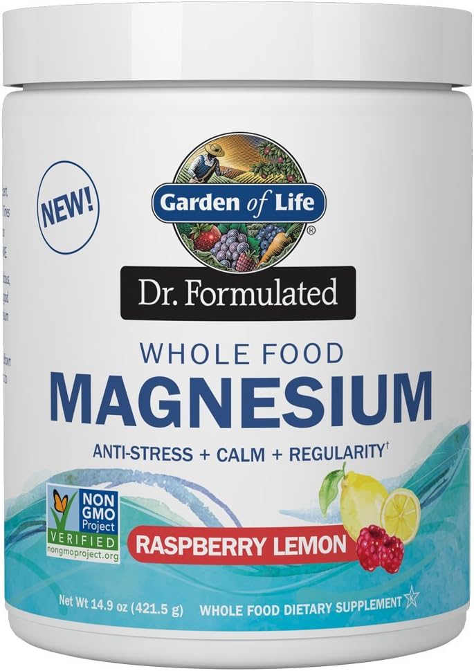 Garden of Life Dr. Formulated Whole Food Magnesium 421.5g Powder, Raspberry Lemon, Chelated Non-GMO Vegan Kosher Gluten & Sugar Free Supplement with Probiotics, Best for Anti-Stress Calm & Regularity
