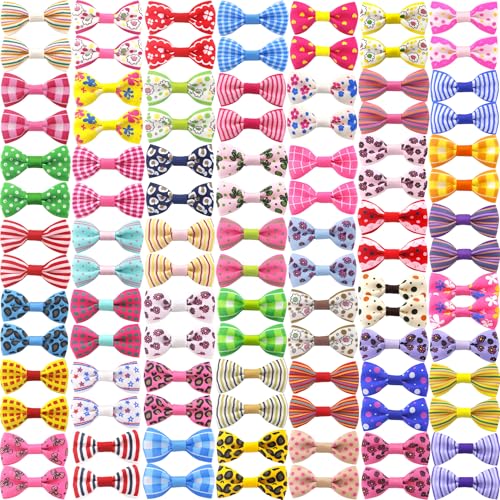 QingHan Dog Hair Bows 2 inches Small Puppy Bowknot Clips for Pet Grooming Accessories Doggy 100Pcs (50 Pairs)