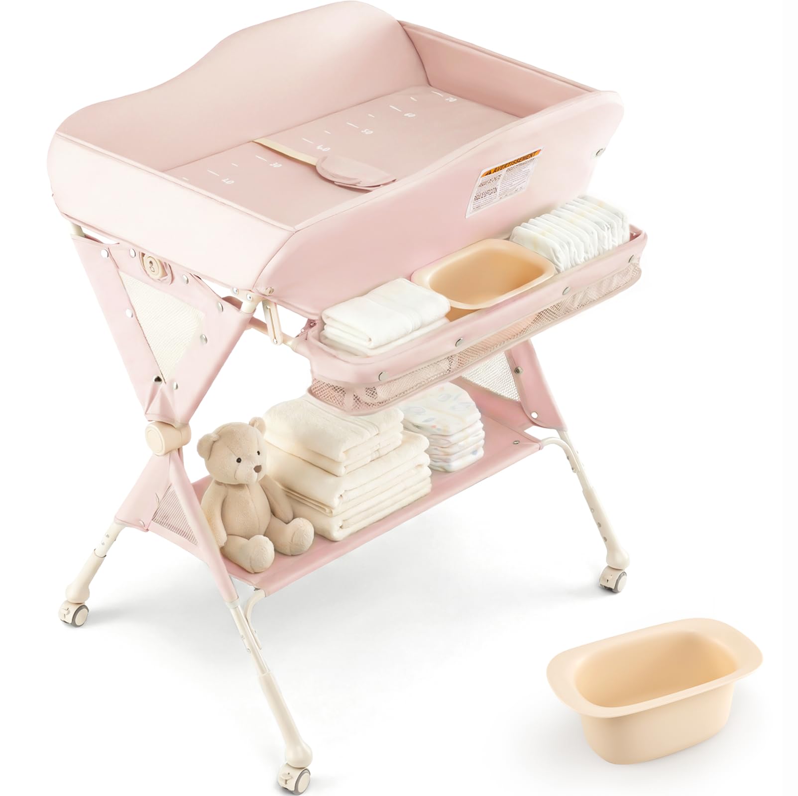 INFANS Baby Changing Table with Wheels, Portable Folding Diaper Station Nursery Organizer with Storage Basket, Hanging Rack, Adjustable Height, Safety Belt for Newborn Infant (Light Pink)-image-28