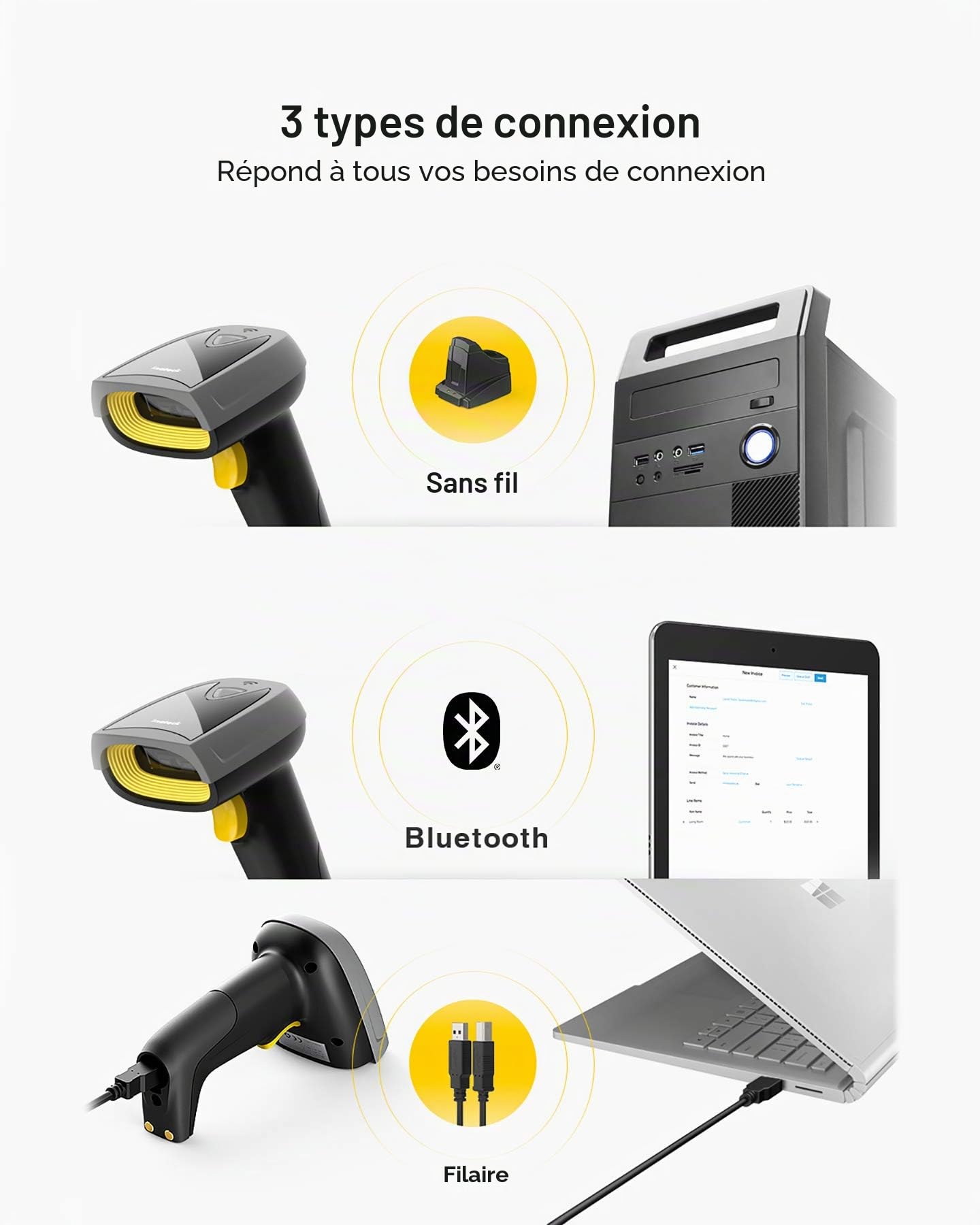 Inateck 2D 1D Scanner de Codes à Barres QR avec Base Intelligente, Lecteur Code Barre sans Fil et Bluetooth pour Inventaire, 3 en 1, Douchette pouvant Lire sur Écran, BCST-52 | Numérisation de code QR 1D 2D pris en charge, avec Bluetooth/2,4 GHz/USB, avec