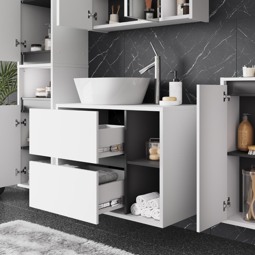 Vicco Mueble bajo Lavabo Viola, Blanco/Gris, 80 x 60 cm | con 2 cajones, con recorte para sifón para montaje mural