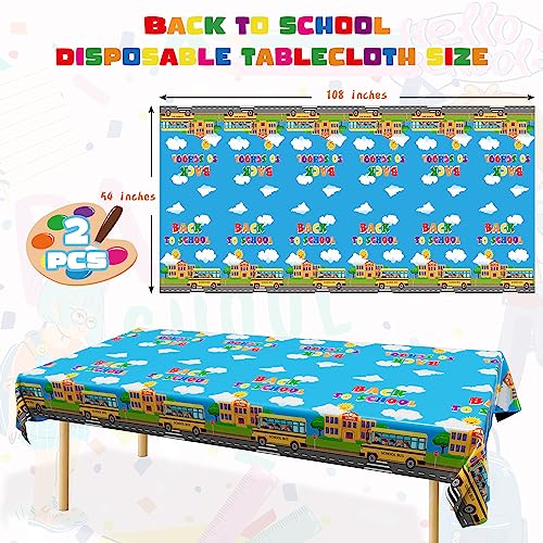 Image of 2Pcs Back to School Tablecloth, Plastic 108 x 54 In Tablecover for Students | Back to School Supplies, Waterproof Bus Table Cover, Colorful School Bus Design, Disposable for Preschool Party Decoration