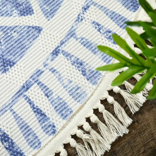 Tapis rond en coton blanc à franges - Aztèque - Motifs bleu - Rond Ø 150 cm