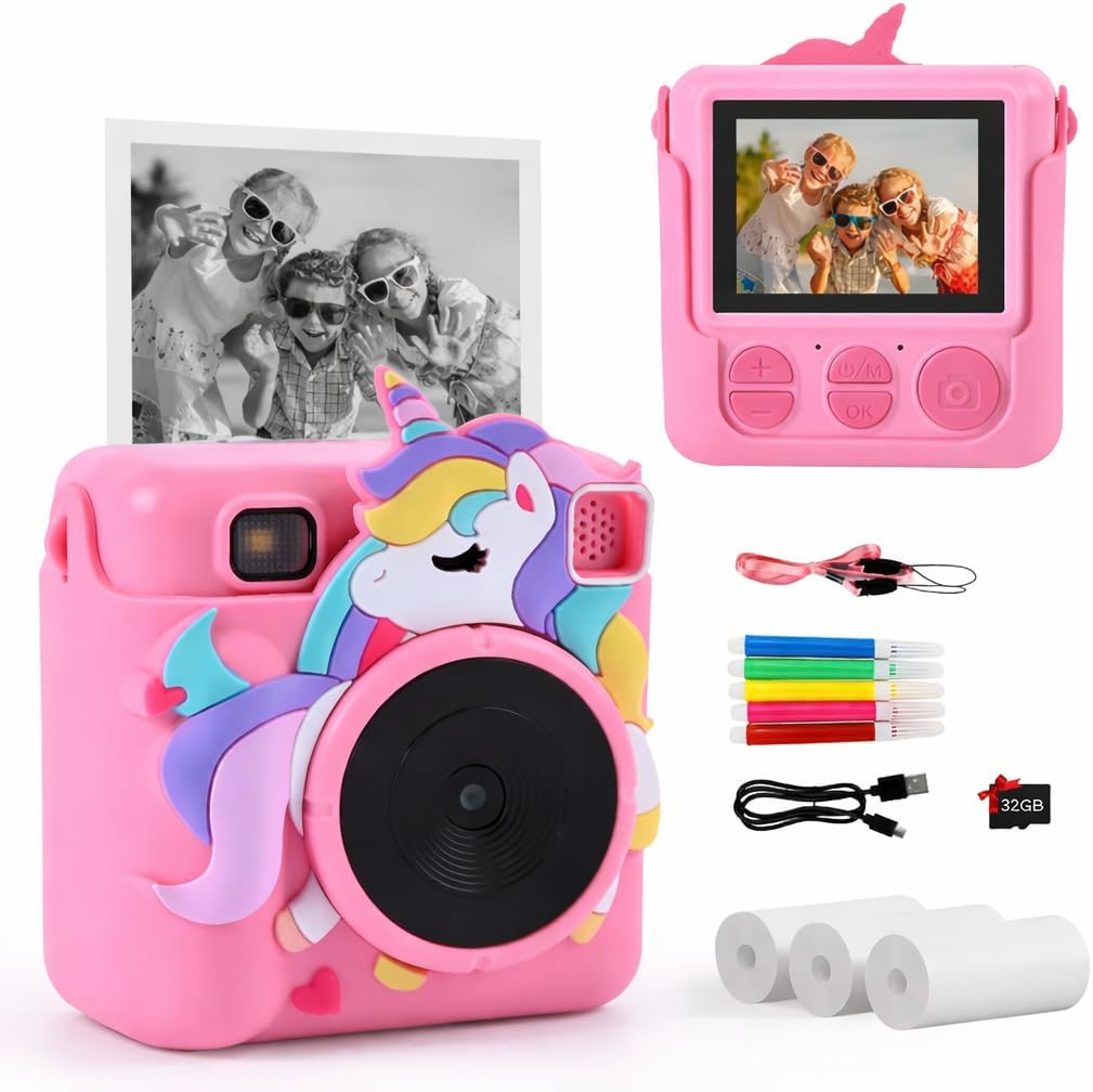 Cámara Infantil con Impresora Térmica, Cámara Digital para Niños con Pantalla, Zoom 16X, Tarjeta SD 32GB, Papel de Impresión y Accesorios Incluidos – Regalo Educativo