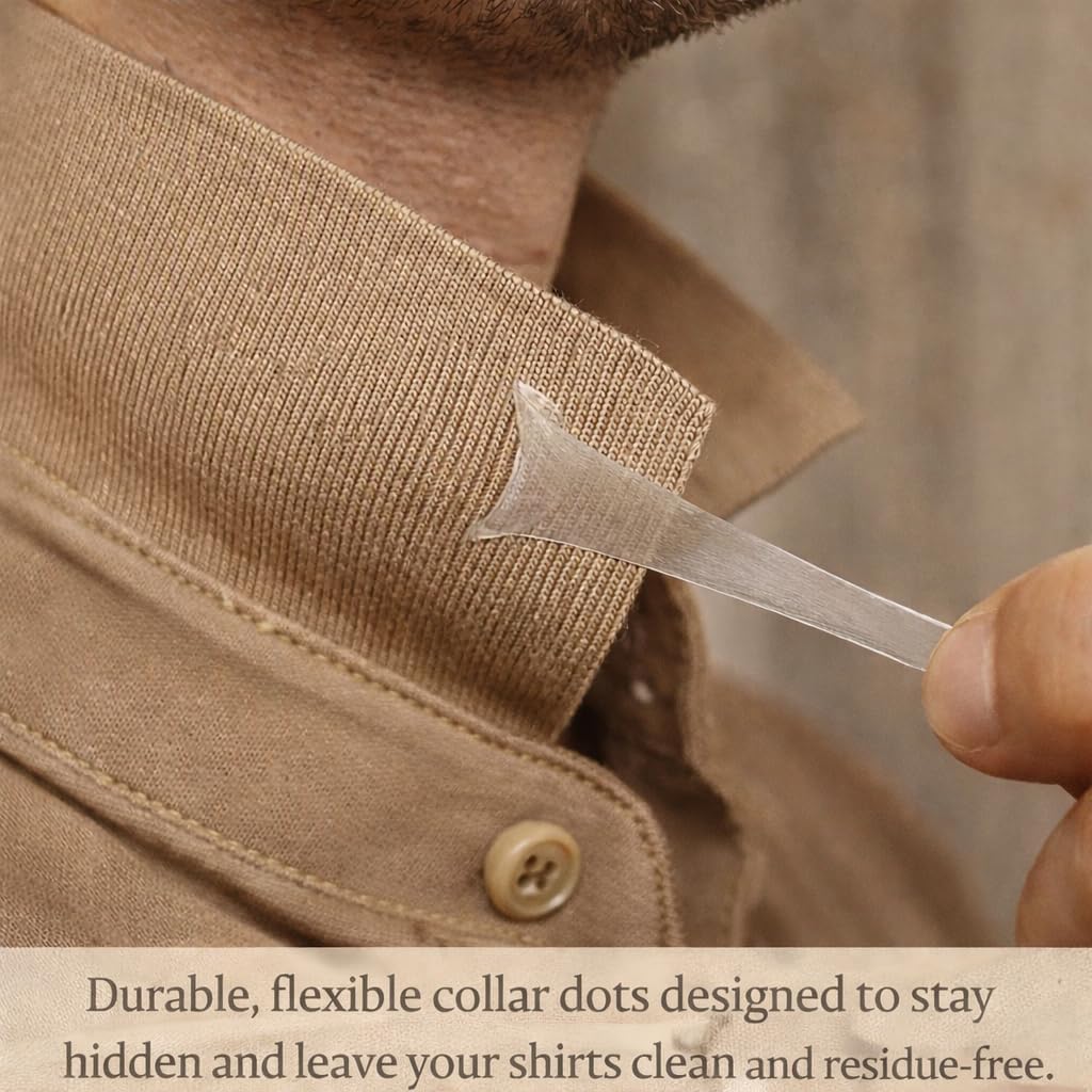 Collar Stay Stickers for Men - 66 Pack Double Sided Tape For Fashion - Shirt Polo Tie & Belt Anchor Dots - Shirt Button Repair - With Magnetic Luxury Bamboo Storage Box