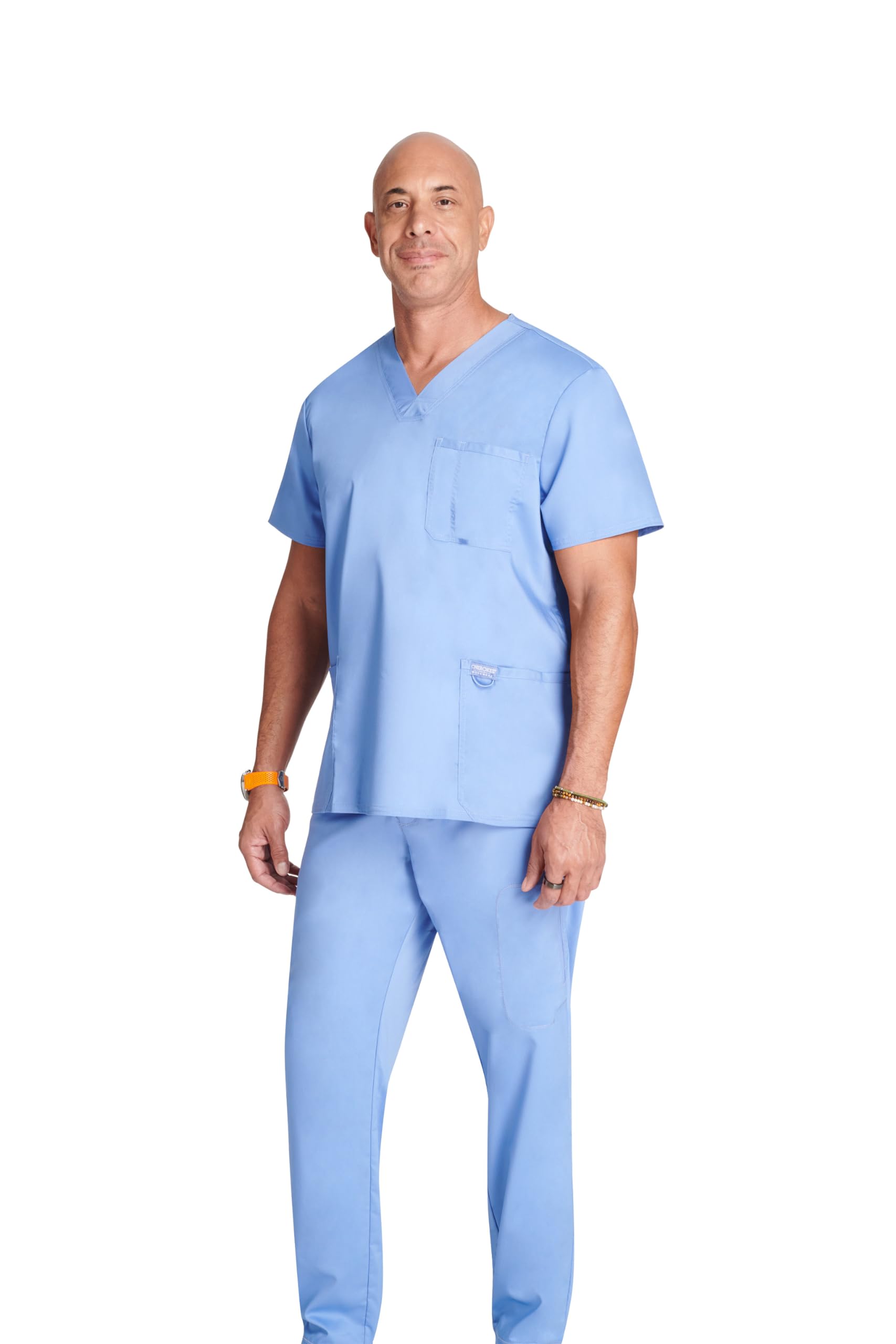 CHEROKEE Męskie Scrub Top Revolution - Odzież medyczna - Z kieszeniami - Dekolt w serek - WWE670, Ciel, XXL, Ciel, XXL