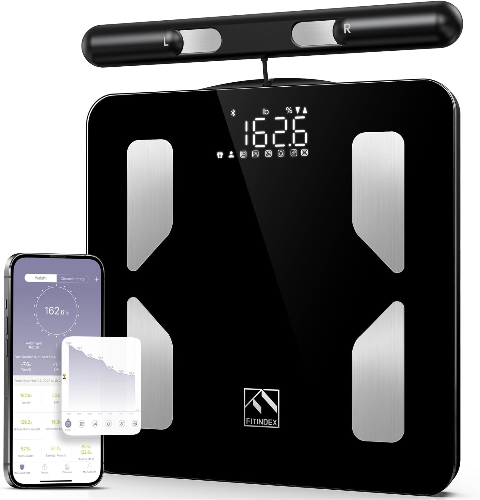 FITINDEX Body Composition Scale for Body Weight, Smart 8-Electrodes with BMI, Body Fat, Muscle Mass, 50 Composition Measurements, Bluetooth