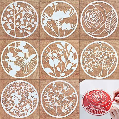 Lot de 8 pochoirs ronds en plastique réutilisables pour scrapbooking, cartes de vœux (8 fleurs rondes)