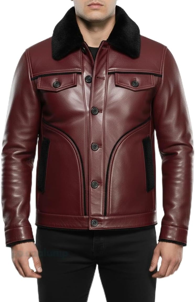 Mens Premium Lambskin Leather Jacket with Sherpa Faux Shirt Collar Style
