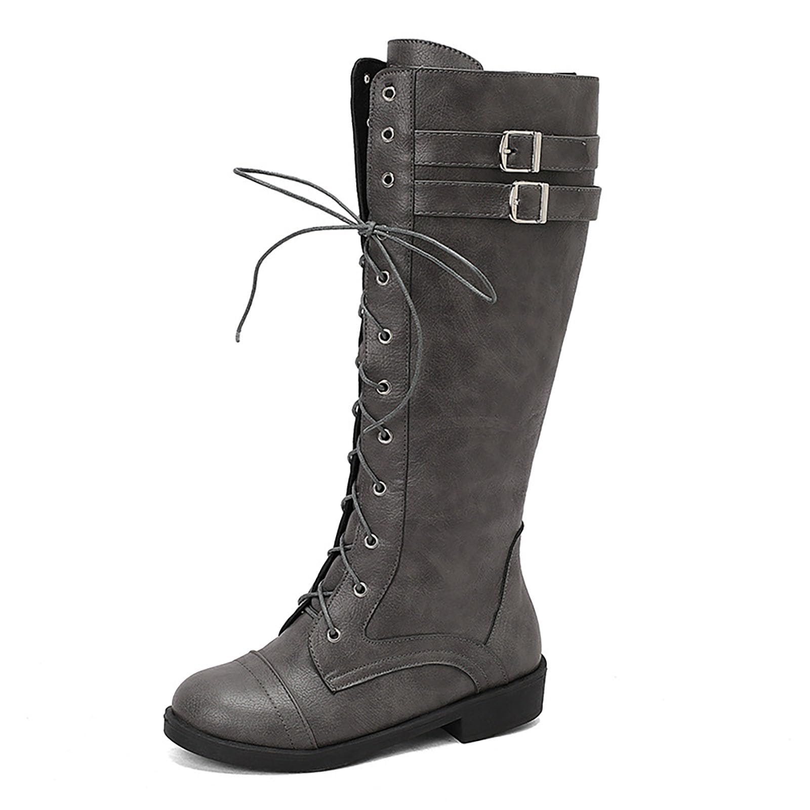 Botas de mujer con cordones en la parte delantera, tacón bajo, cremallera lateral y cinturón, hasta la pantorrilla, botas occidentales para mujer
