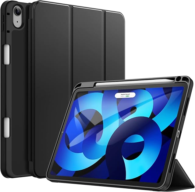 JETech Case for iPad Air 5/4 (2022/2020 5th/4th Generation 10.9-Inch) with Pencil Holder, Support 2nd Pencil Charging, Slim Tablet Cover with Soft TPU Back, Auto Wake/Sleep (Black)