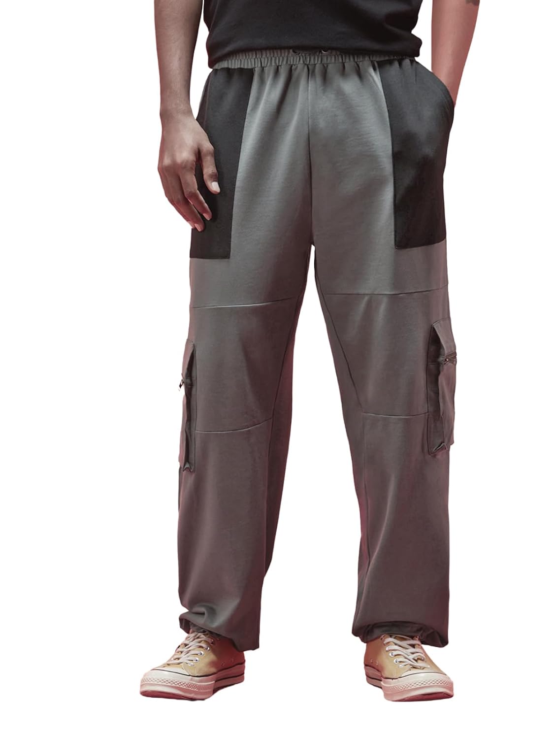 Veirdo® Cotton Terry Relaxed Baggy Fit Solid Drawstring with Side Snap Buttons Knitted Cargo Pants for Men (Colors: Navy, ...