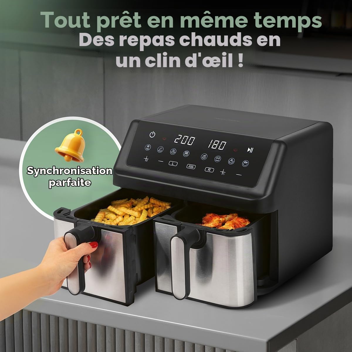ProfiCook Friteuse à air chaud | Système de préparation simultanée | 9 litres | Friteuse à air chaud 2 compartiments | Frire sans graisse | Cuve avec anti-adhésif | Airfryer | PC FR 1296 H