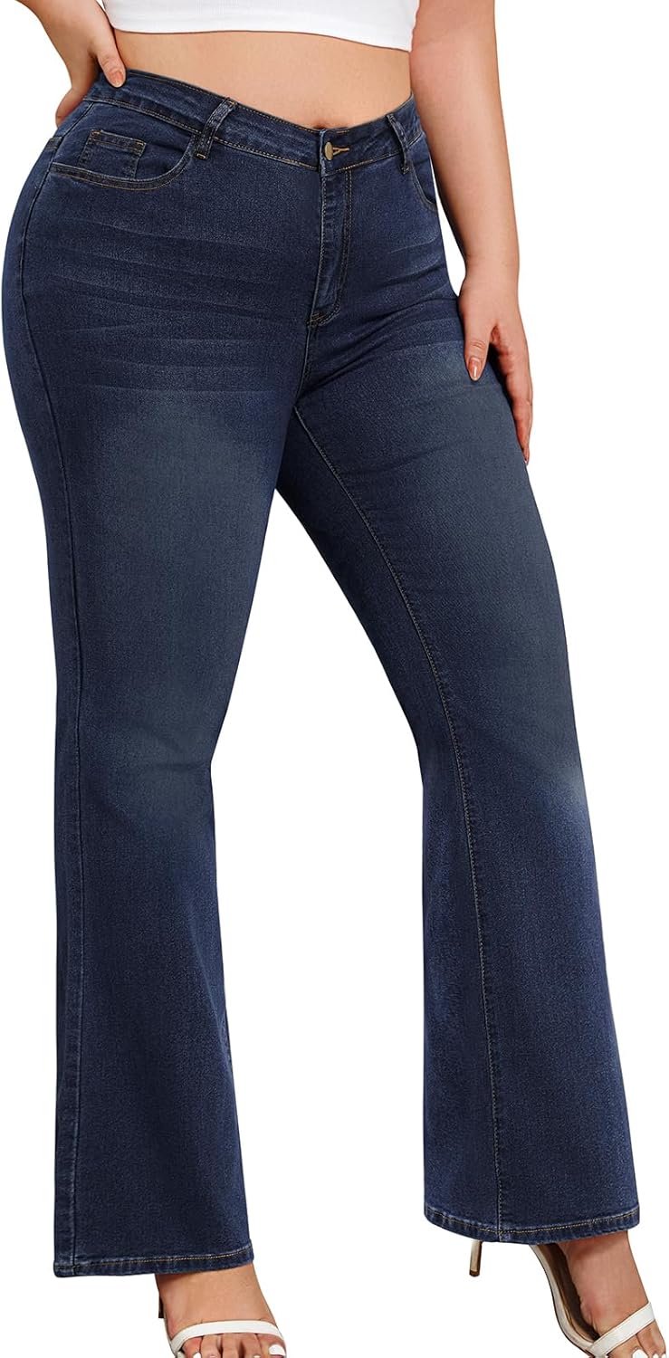 Arolina Plus Size Jeans for Women Fall Trendy High Waisted Flared Bell Bottom Bootcut Tummy Control Plus Denim Jeans - Image 3