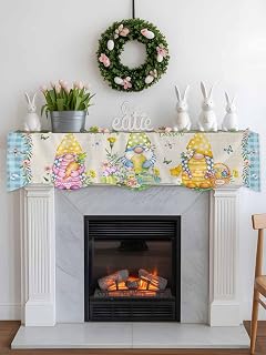 Spring Easter Table Runner Mantel Scarf Fireplace Gnome Easter Eggs Butterfly Plaid Linen Fireplace Scarf, Perfect Fireplace Cover for Holiday Party Home Decor 90 x 17 in
