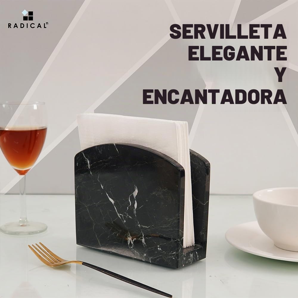 Radicaln Servilletero de 14 cm, mármol negro hecho a mano, elegante como decoración para bodas y para colocar servilletas de cocina. Para servilletas de café y cóctel, accesorios de cocina