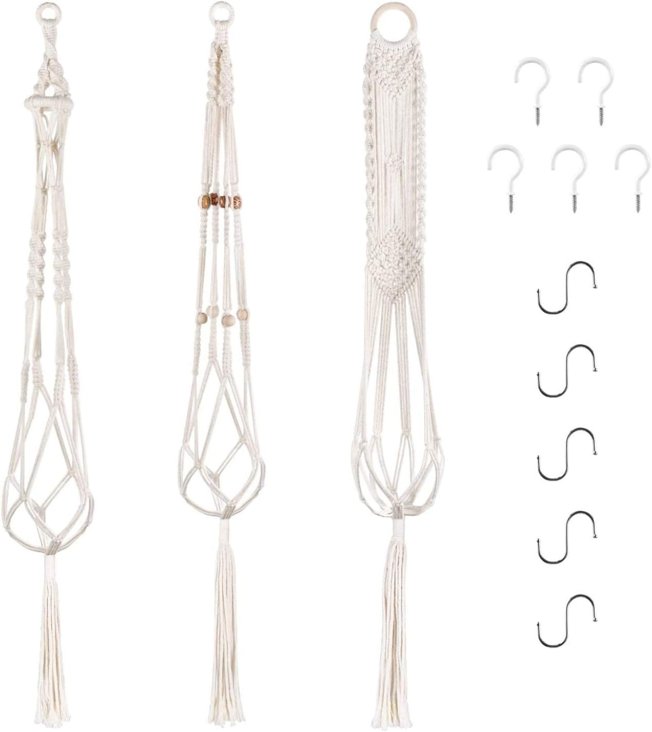 Simple Deluxe 3-Pack 43.3 Inch Bohemia Plant Hangers Hanging Flowers Pot, Indoor Outdoor Handmade Natural Material Rope for Garden Balcony Ceiling, Home Decor, Style A+B+C, 10 Hooks Included