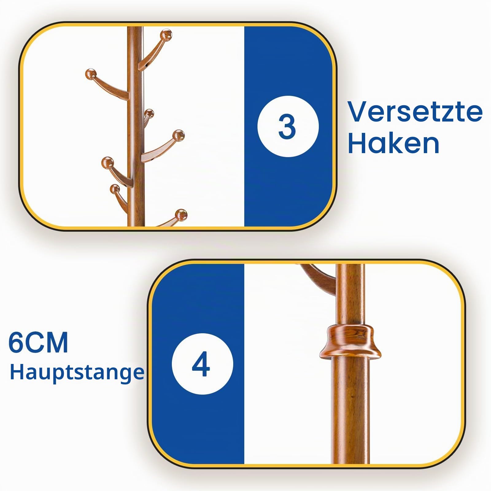 Garderobenständer aus Massivholz mit Vierfüßiges Gestell, Garderobe in Baumform mit 6 CM Dickerer Hauptpol, Jackenständer mit 7 Haken, für Jacken, Mäntel, Taschen, Schals