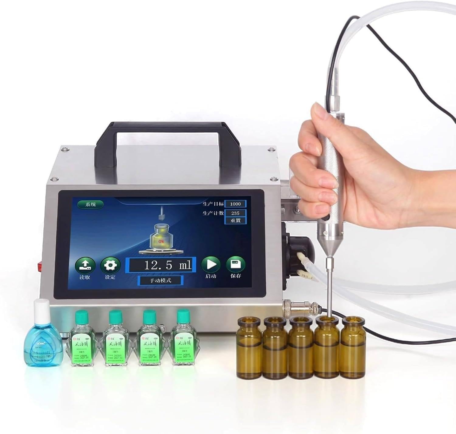 Automatic Liquid Filling Machine, Uses 1–30ml 140ml/Min For Small Volume Liquids, 1–100ml 600ml/Min For High Efficiency Small Batches, Equipped With Magnetic Pump For Corrosive Liquids 1370