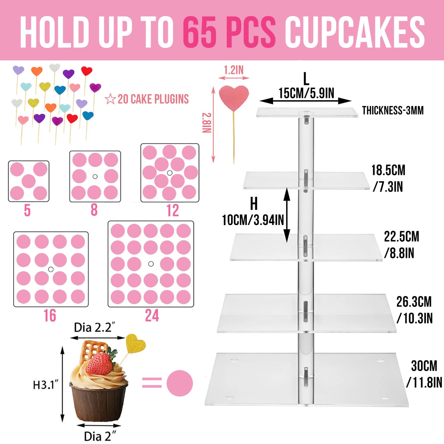 Support à cupcakes en carton rond à 3 niveaux, support pliable pour gâteaux, présentoir de desserts pour fête d'anniversaire - Rose - Maison