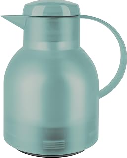 Emsa Samba Isolierkanne, 1 Liter Fassungsvermögen, Quick Press Verschluss, 100% dicht, 12h heiß und 24h kalt, mit Glaskolben, made in Germany, Transluzent/Puder-Grün, 505719