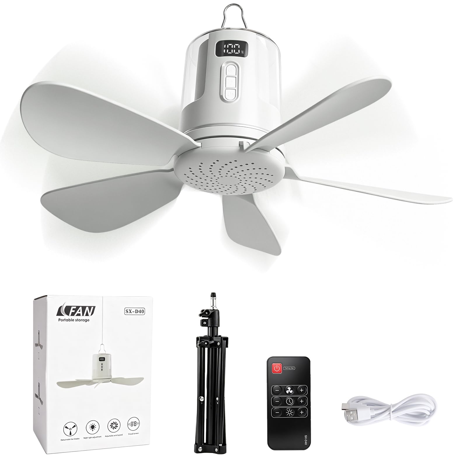 INQUIRLLY Portable Camping Fan, 12000 mAh Camping Ceiling Fans with RGB Light, Tent Fans mit 4 Wind Speed Settings & 3 Lighting Modes, 5 Removable Blades, Rechargeable Camping Fan for Tent Car Picnic