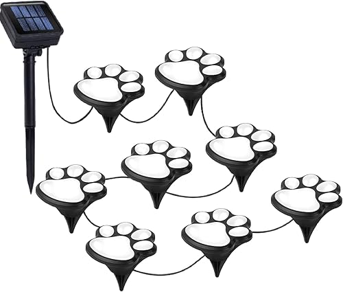 Luces solares con estampado de patas tira de luces solares LED impermeables para exteriores (juego de 8), lámpara decorativa de perro y gato, luces