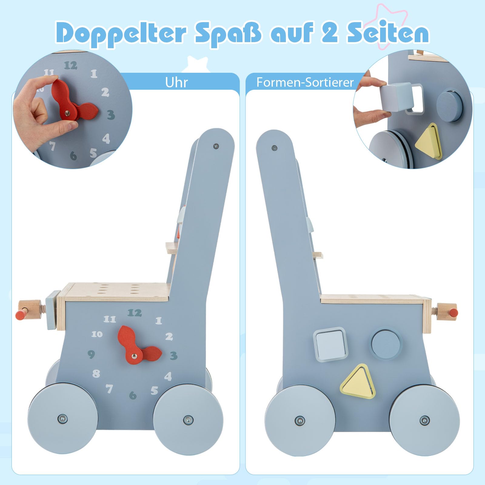 COSTWAY Lauflernwagen Holz, Baby Lauflernhilfe mit Multi-Aktivitätszentrum, Kinder Werkbank Spieltisch, Montessori Spielzeug, Laufwagen für Kinder ab 1 Jahr