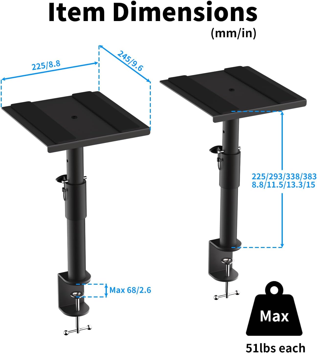 suptek Clamp-on Speaker Stand Desk Mount Set, Height Adjustment, Swivel, 9.6 x 8.8 inch Trays, Universal Audio Holders for Bookshelf Speakers, Elevated Sound, 2 Pack, Black, SDM001G