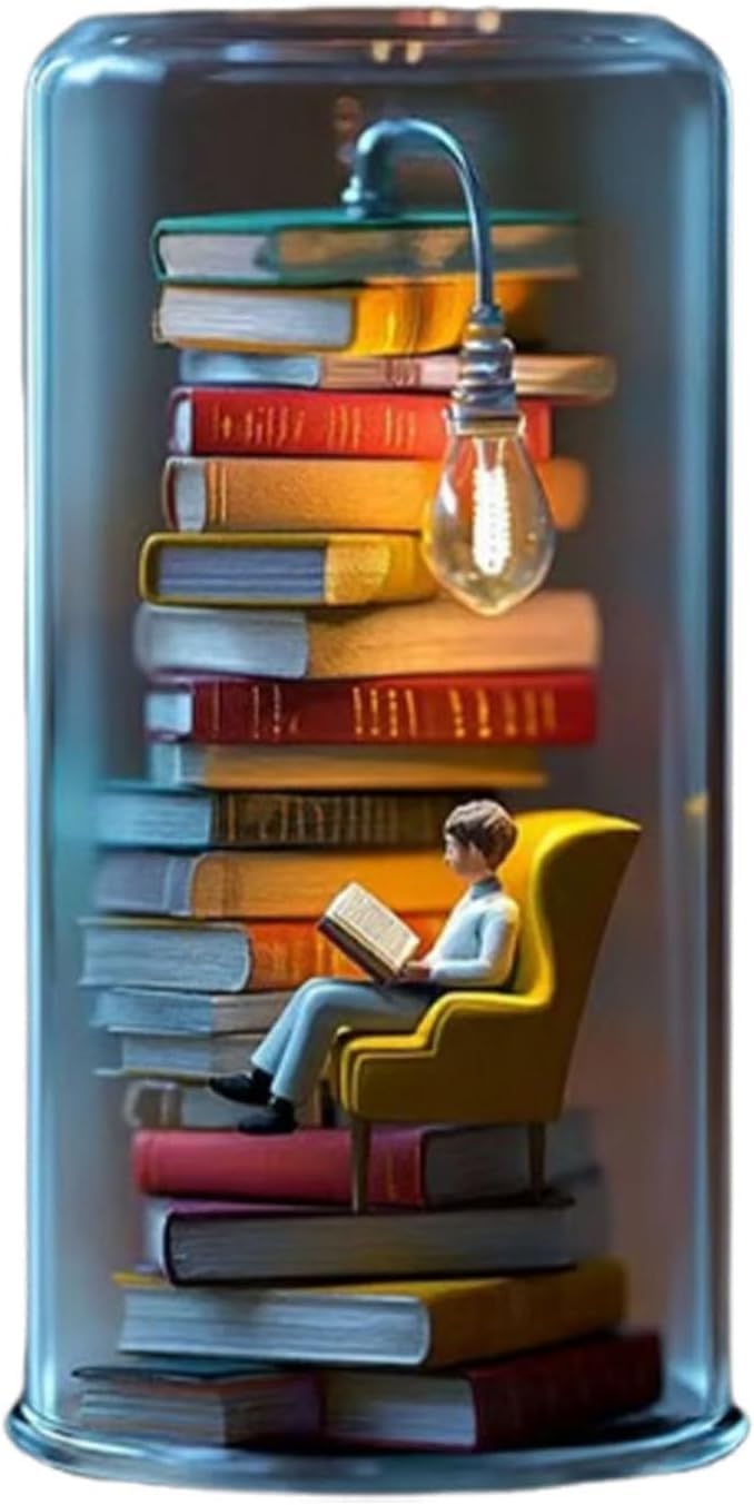 GINGER TECH Reader Night Light, Miniature Book Lover Lamp Sculpture with Mini Books and LED Lights, Tiny Bookshelf Library Statue Light, Gift for Family Friends Book Lovers (B)