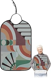Geometric Abstract Adult Bib for Eating with Crumb Catcher,Washable & Waterproof Terry Cloth Adjustable Elderly Women Men Bibs Funny Clothing Protector Rertro Middle Century Multi Colored Geometric