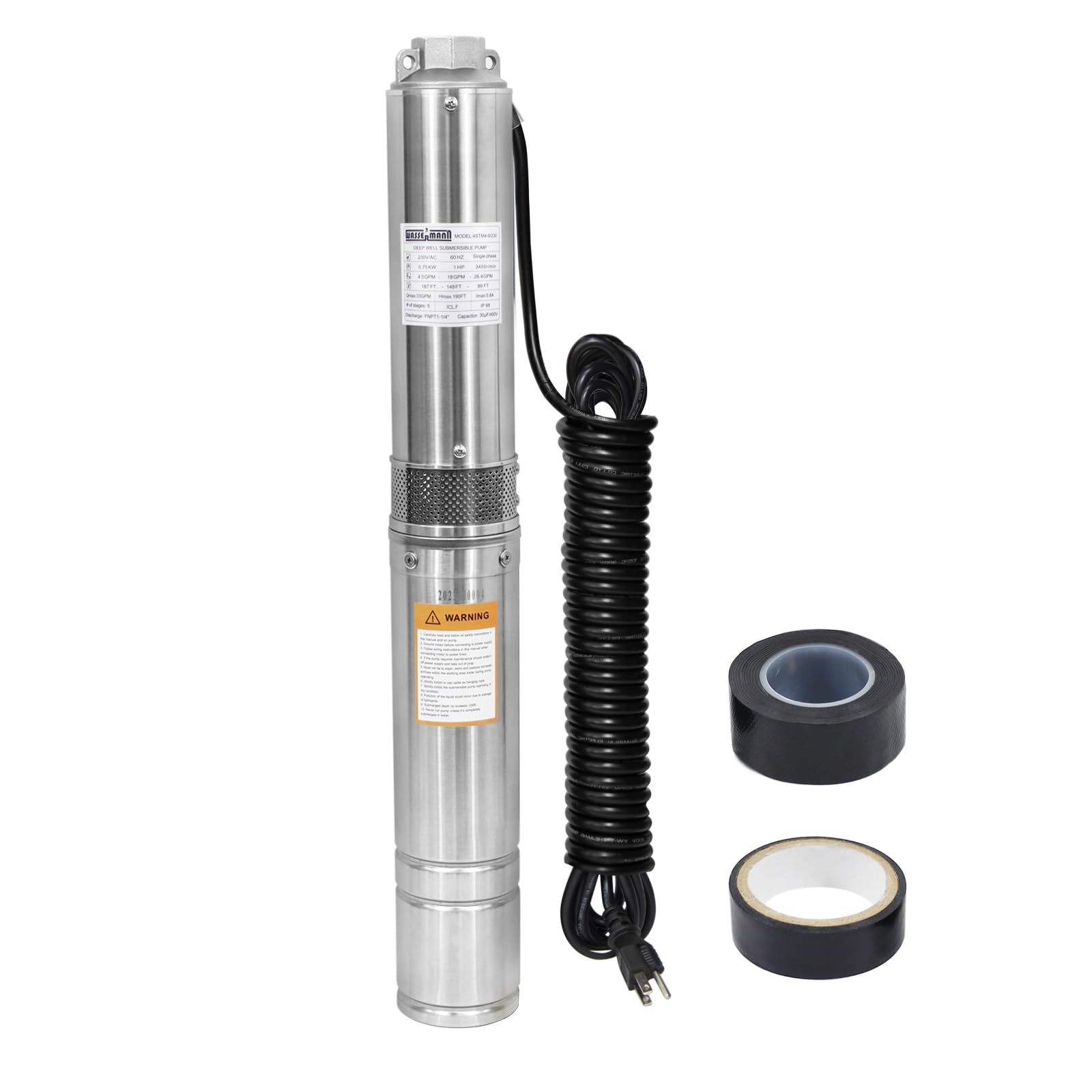 wassermann 434 deep well submersible pump with 10ft cable 1hp 230v60hz 33gpm 190ft head stainless steel submersible well pumps borehole water pump for home factories irrigation farmland