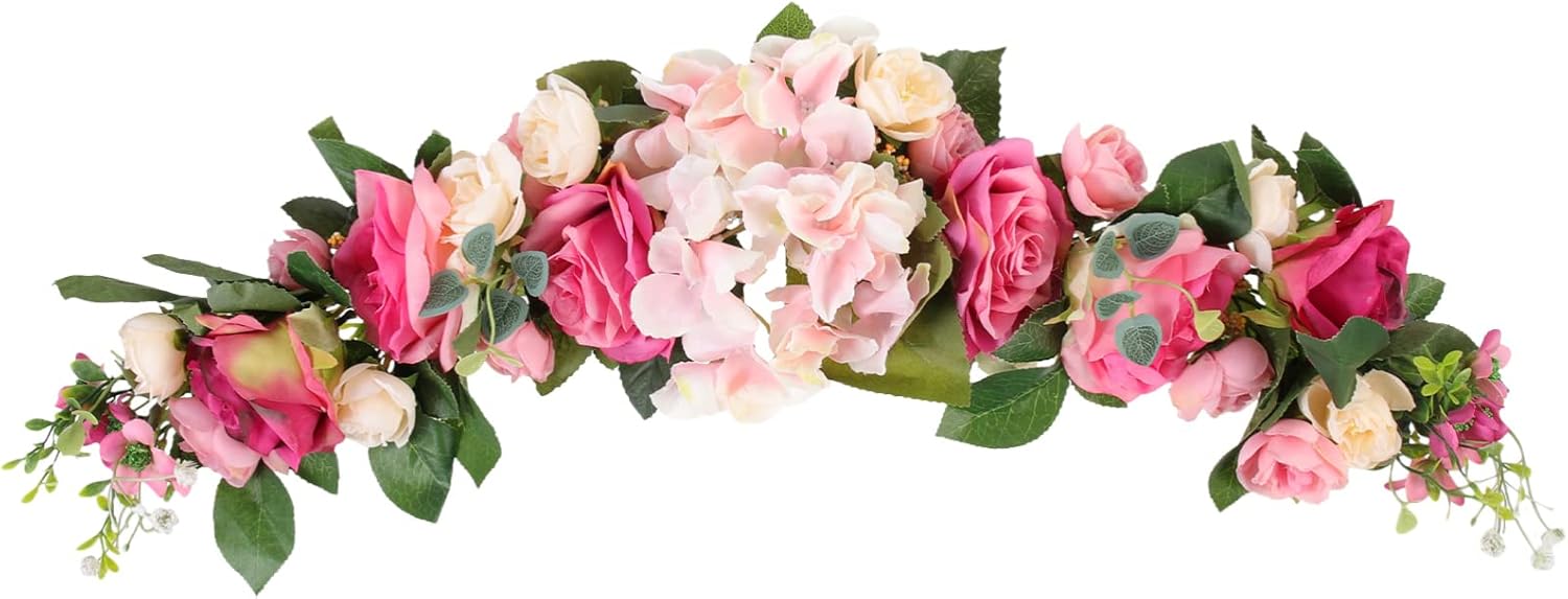 LIFKOME Wedding Arch Flowers Rustic Artificial Rose Flower Swag Door Wreath for Lintel Home Wall Decor 28X6X3 Inches Pink Green Leaves