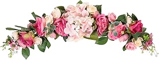 LIFKOME Artificial Rose Flower Swag Green Leaves Rose Flowers Door Wreath Decorative Swag for Wedding Arch Front Door Wall Decor Pink