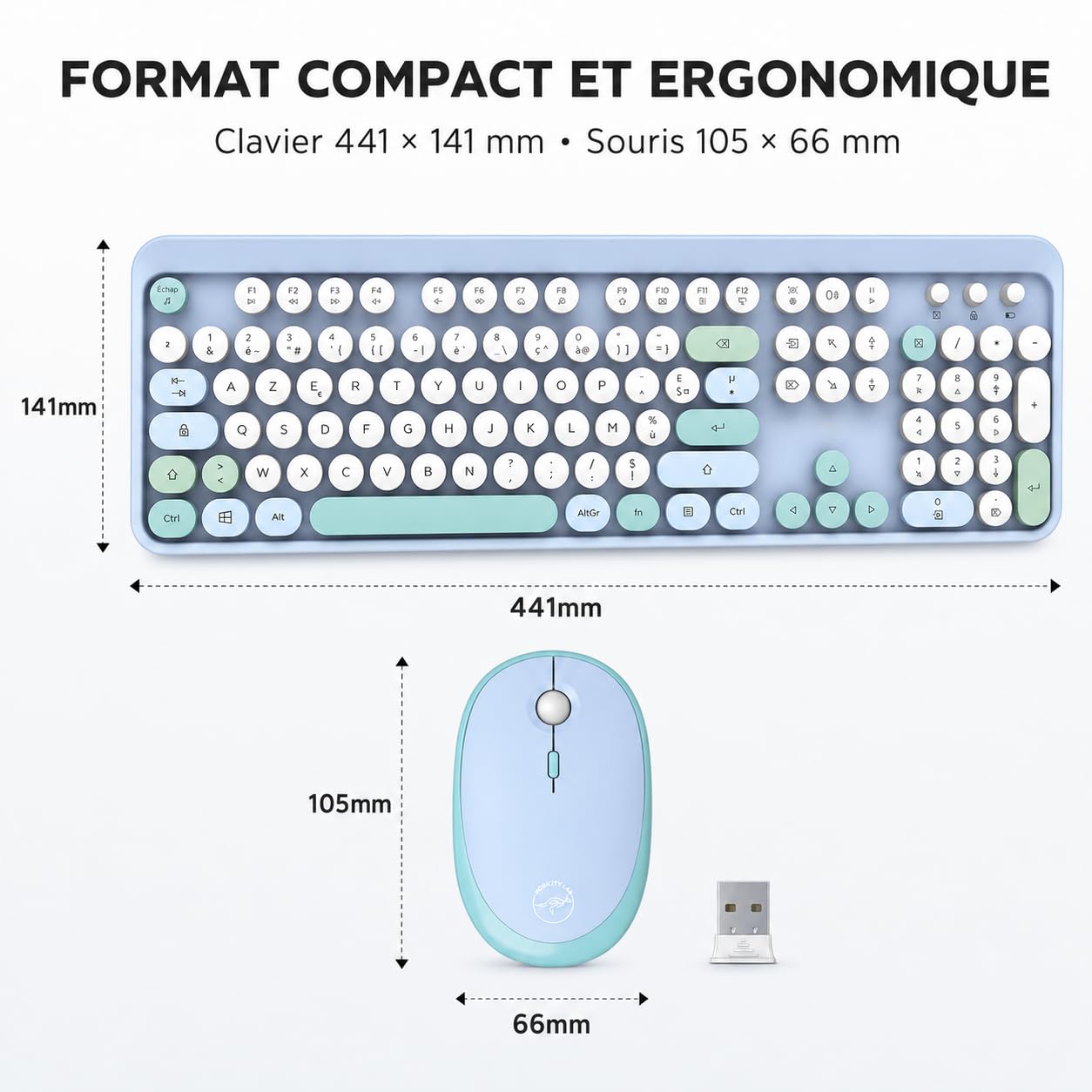 Mobility Lab – Combo Clavier + Souris sans Fil Pure Color – FR AZERTY, Touches Plates et sensibles, Design Compact, Raccourcis, Pavé numérique, Compatibilité Windows