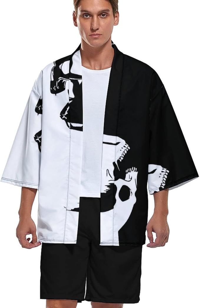 Amazon メンズ 和装 カジュアル 着物カーデ 白黒 阴阳 太極図 開襟シャツ 軽量 通気性 薄手 七分袖 和風カーデ ジャケット ボタンなし フロント前立て ゆるい レジャー メンズジャケット ファッション 贈り物 男性着物 単衣 夏秋服 着物 着物 通販