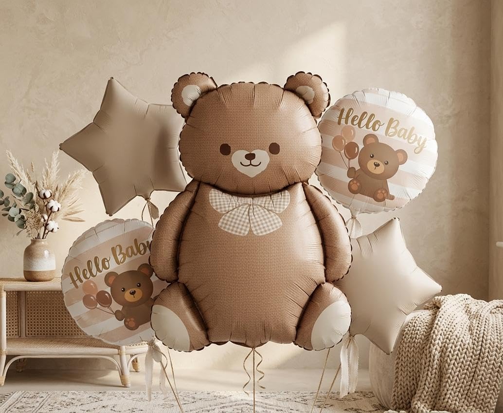 Atpata Teddy Bear Baby Shower Decoration Set – 35 Inch Hello Baby Foil Balloons Kit | Cute Brown & Caramel Theme Backdrop Decor for Newborn Welcome Party, Baby Boy & Girl Celebration (5 Pcs)-image-32