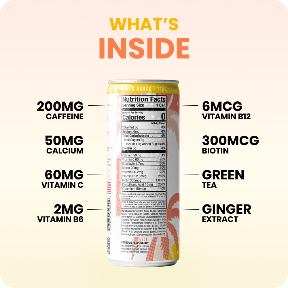 FitTea Healthy Energy Drink 12 Fl Oz - Peach Mango Pre Workout Sparkling Refresher (12 Pack) Natural Green Tea Energy Drinks Sugar Free