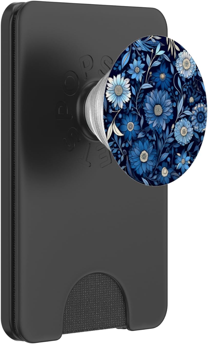 Navy Blue and Light Blue Floral Flower Flowers Print Black PopSockets PopGrip for MagSafe