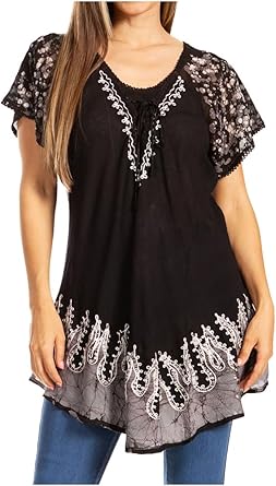 Sakkas Cora Relaxed Fit Batik Design التطريز غطاء الأكمام بلوزة / قمة