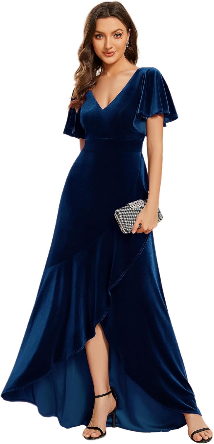 Ever-Pretty Women's Velvet Ruffle Sleeve V-Neck Wrap Waist Maxi Dress High Low Wedding Guest Dresses 02041